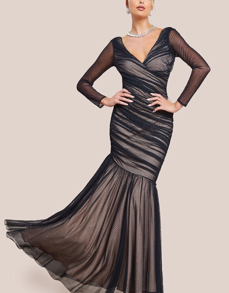 Dobby Mesh Wrap Style Gathered Maxi Dress