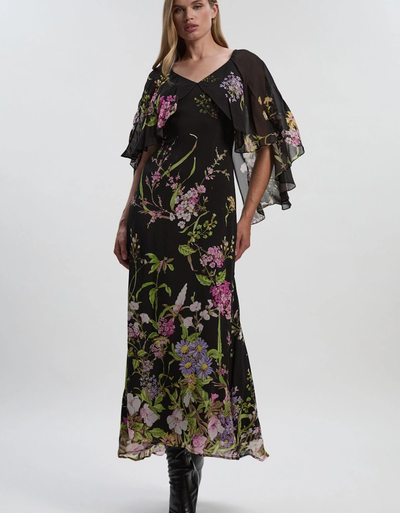 Floral Border Print Viscose Woven Cape Sleeve Maxi Dress
