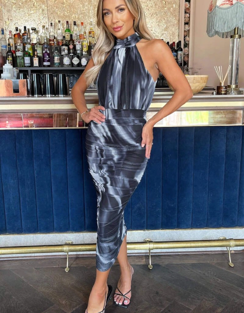 Black And White Marble Print Halter Neck Ruched Mesh Midi Dress