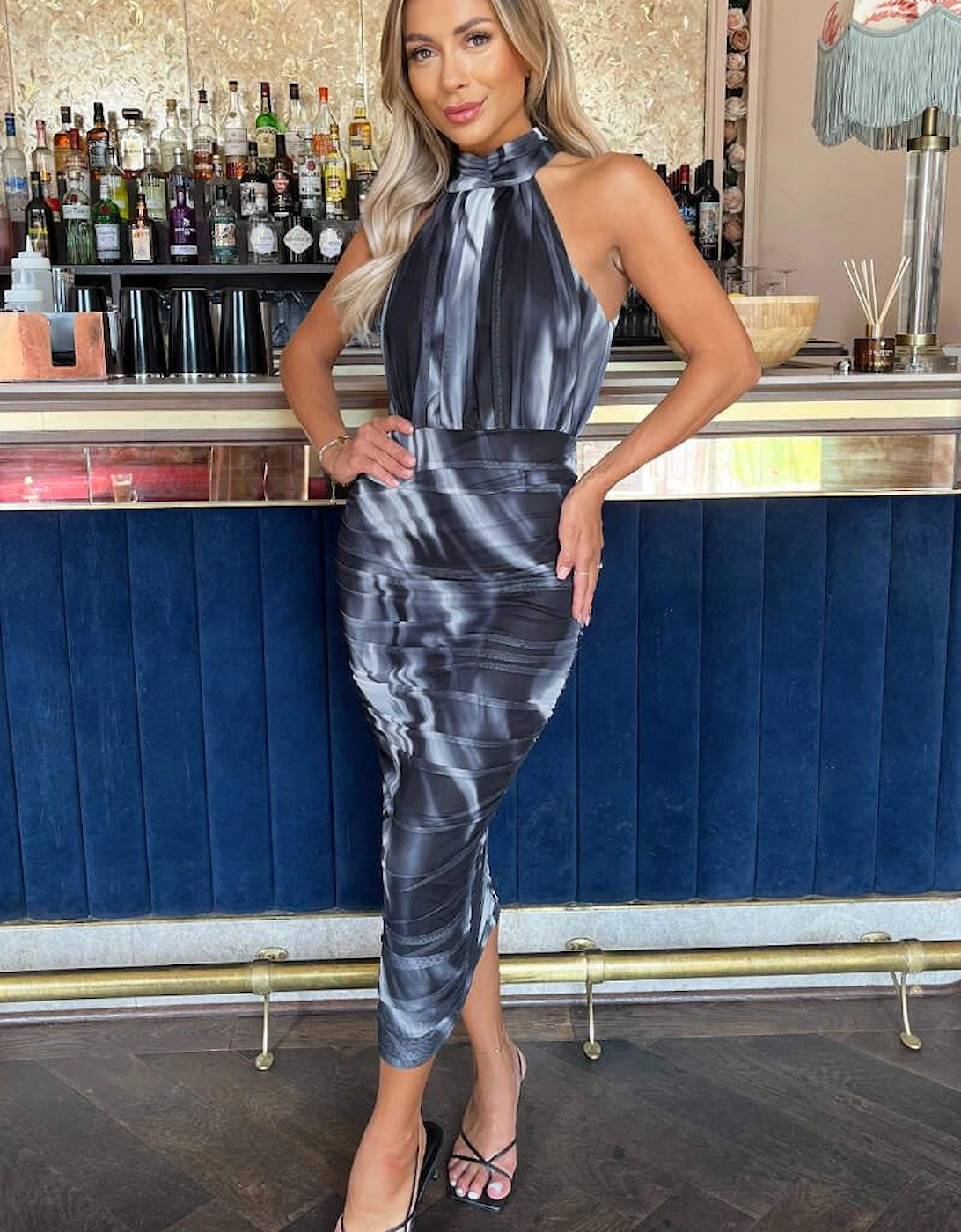 Black And White Marble Print Halter Neck Ruched Mesh Midi Dress, 2 of 1