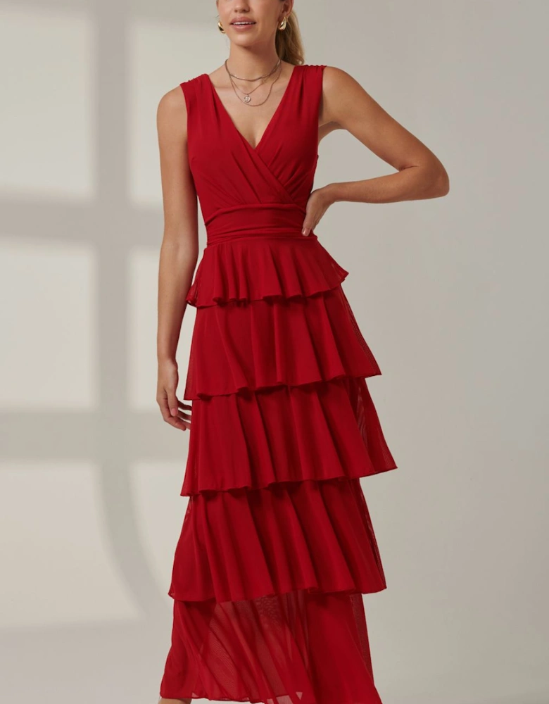 Plain Tiered Mesh Maxi Dress