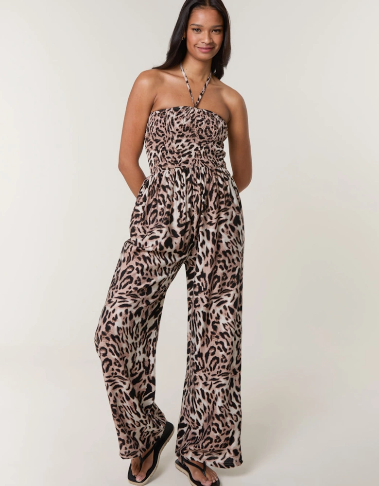 Brown Leopard Print Shirred Waist Jumpsuit