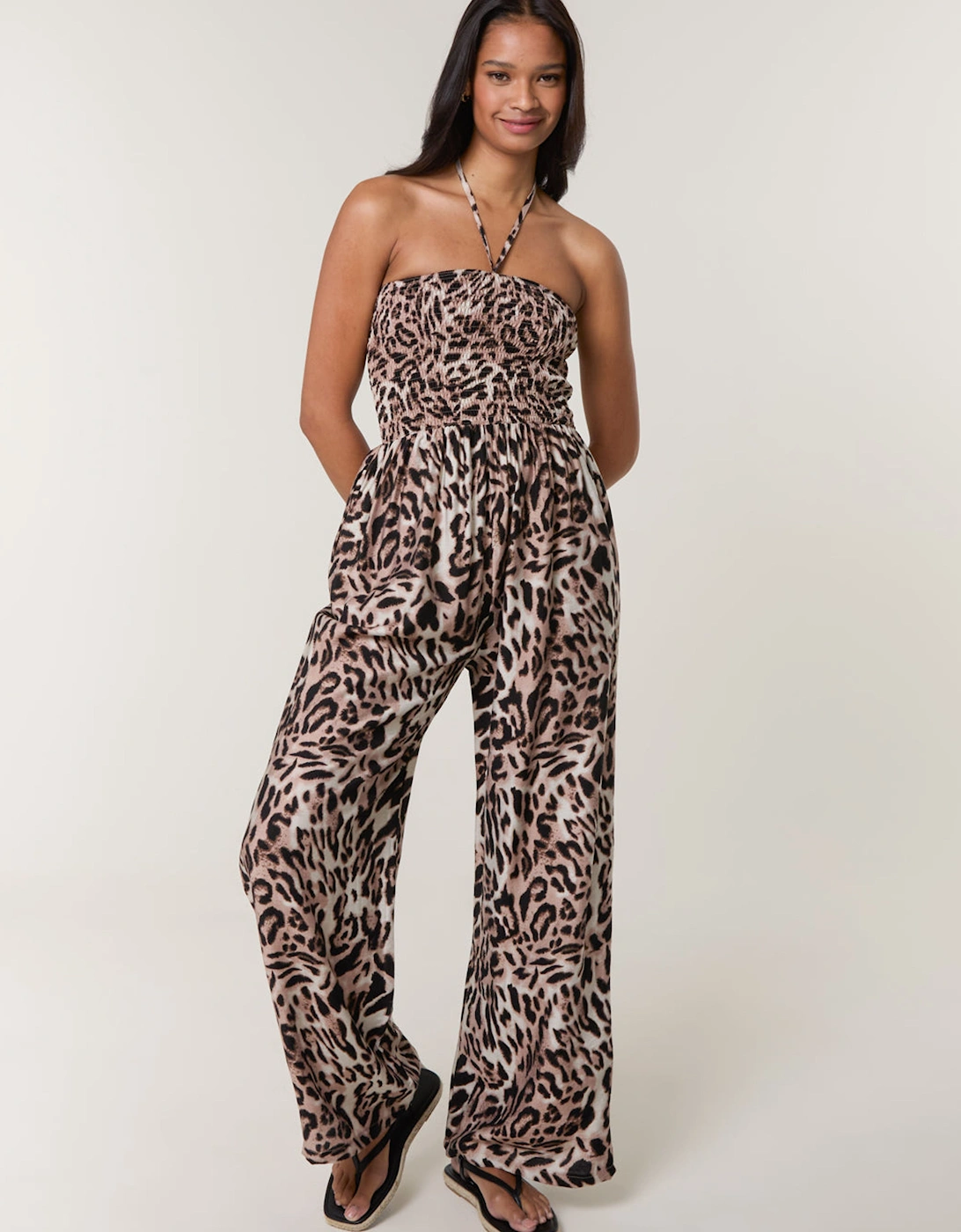 Brown Leopard Print Shirred Waist Jumpsuit, 2 of 1