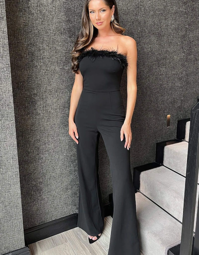 Black Strapless Faux Feather Detail Jumpsuit