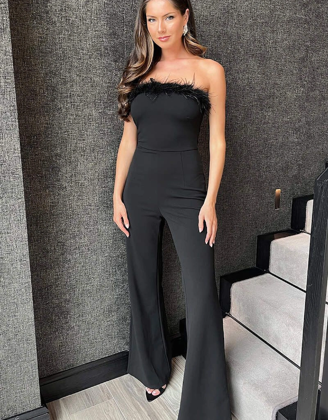 Black Strapless Faux Feather Detail Jumpsuit, 2 of 1