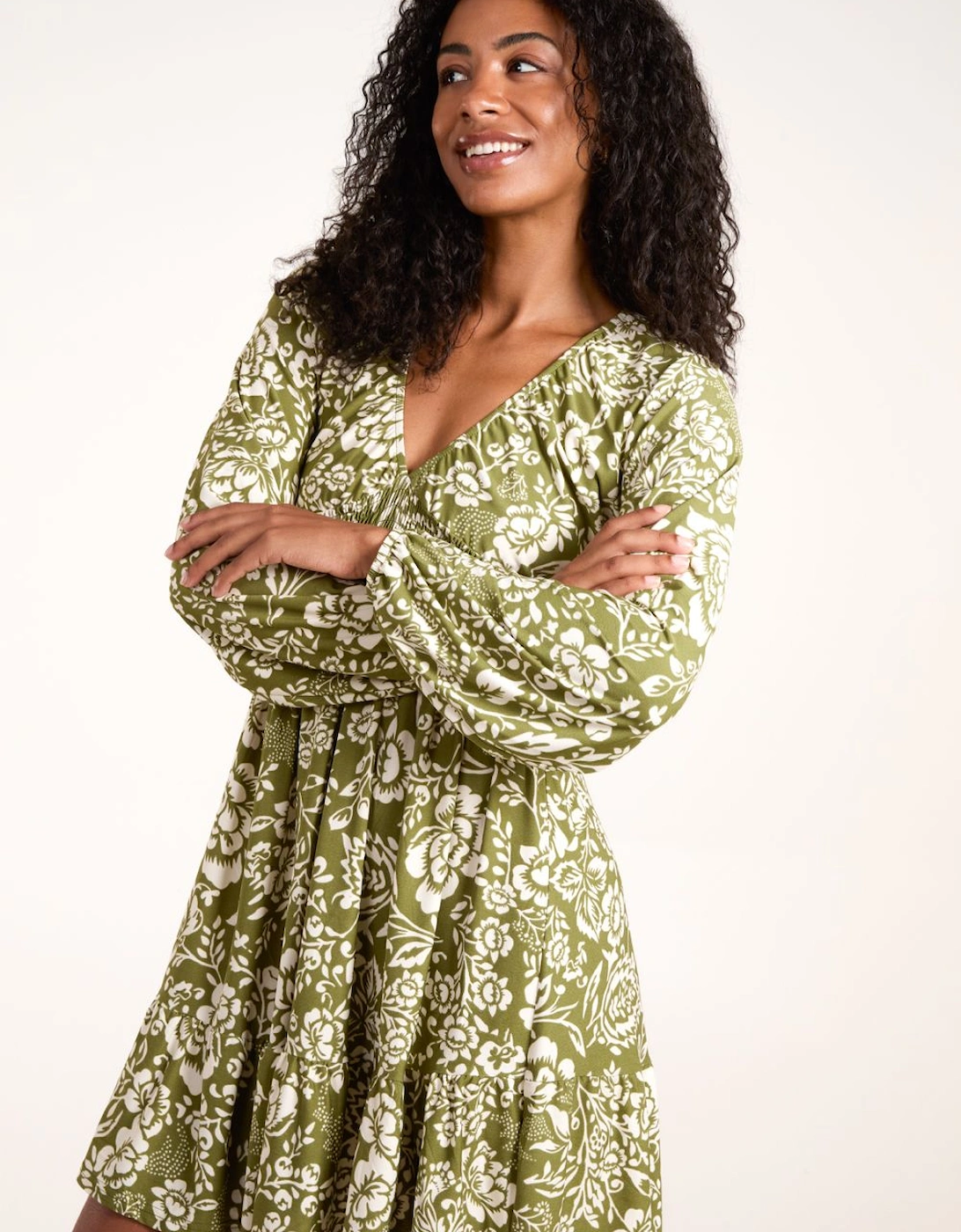 Shirring Elastic Sleeve Tier Mini Dress, 2 of 1