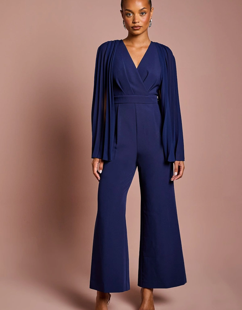Petite V Neck Pleated Long Sleeve Jumpsuit