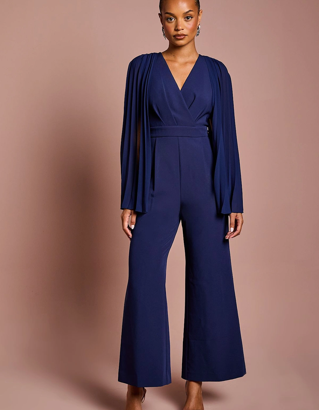 Petite V Neck Pleated Long Sleeve Jumpsuit, 2 of 1