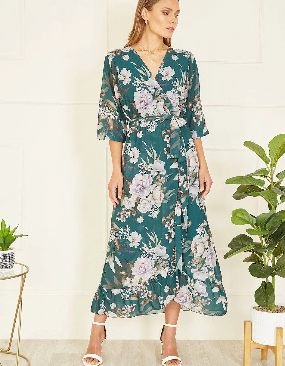 Teal Floral Wrap Midi Dress With Frill, 2 of 1
