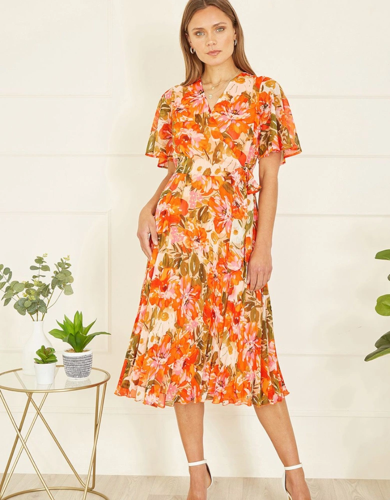 Orange Floral Midi Wrap Pleated Dress