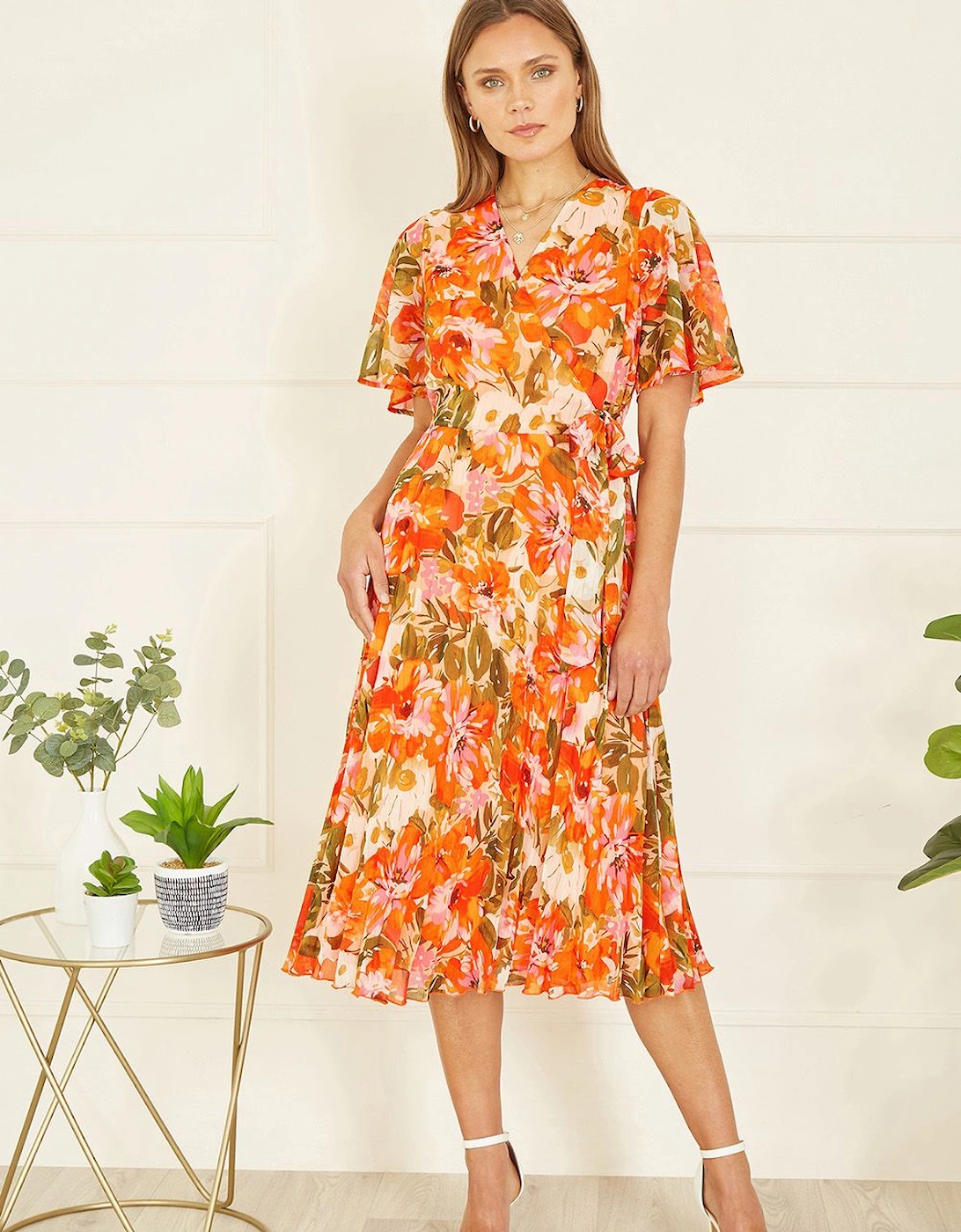 Orange Floral Midi Wrap Pleated Dress, 2 of 1