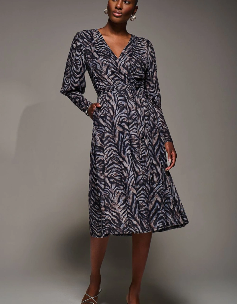 Mesh Long Puff Sleeve Wrap Midi Dress