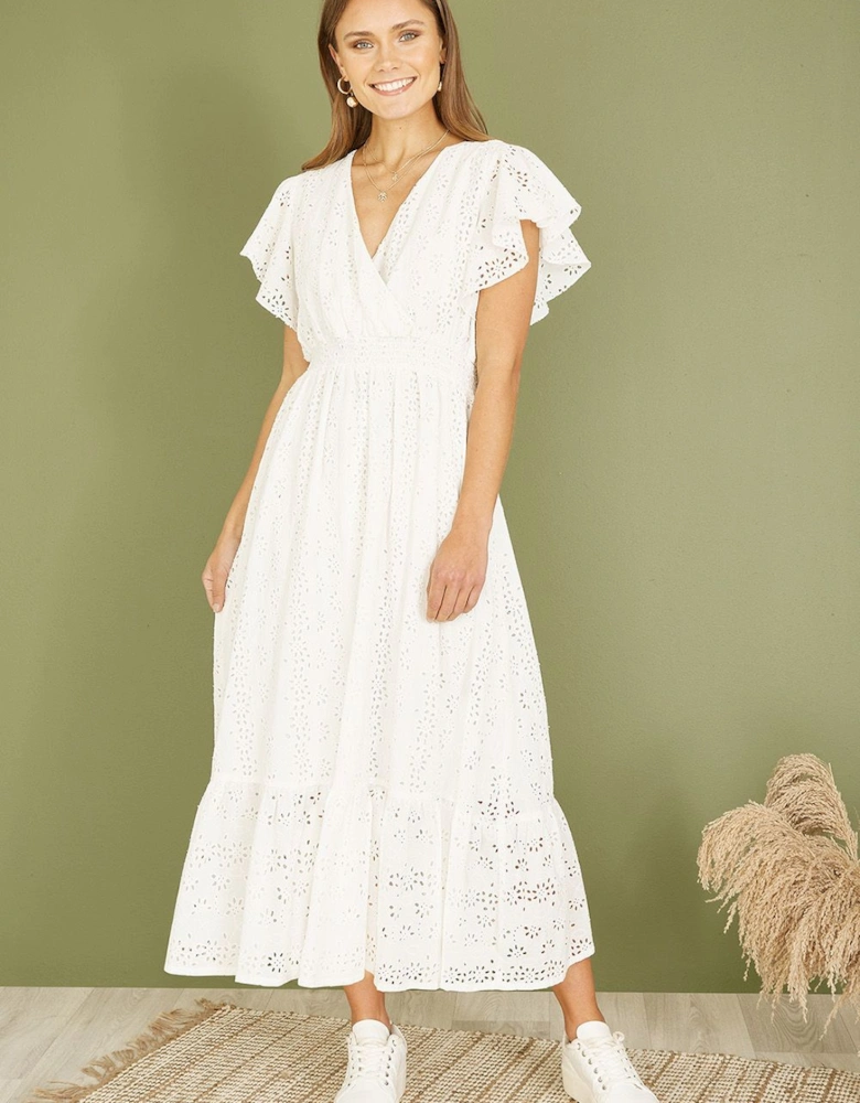 White Organic Cotton Broderie Anglaise Wrap Midi Dress
