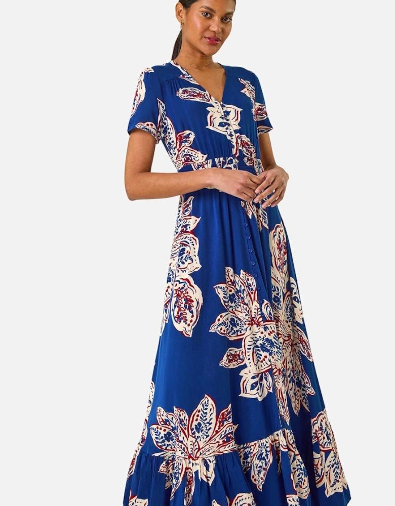 Leaf Print Shirred Maxi Dress