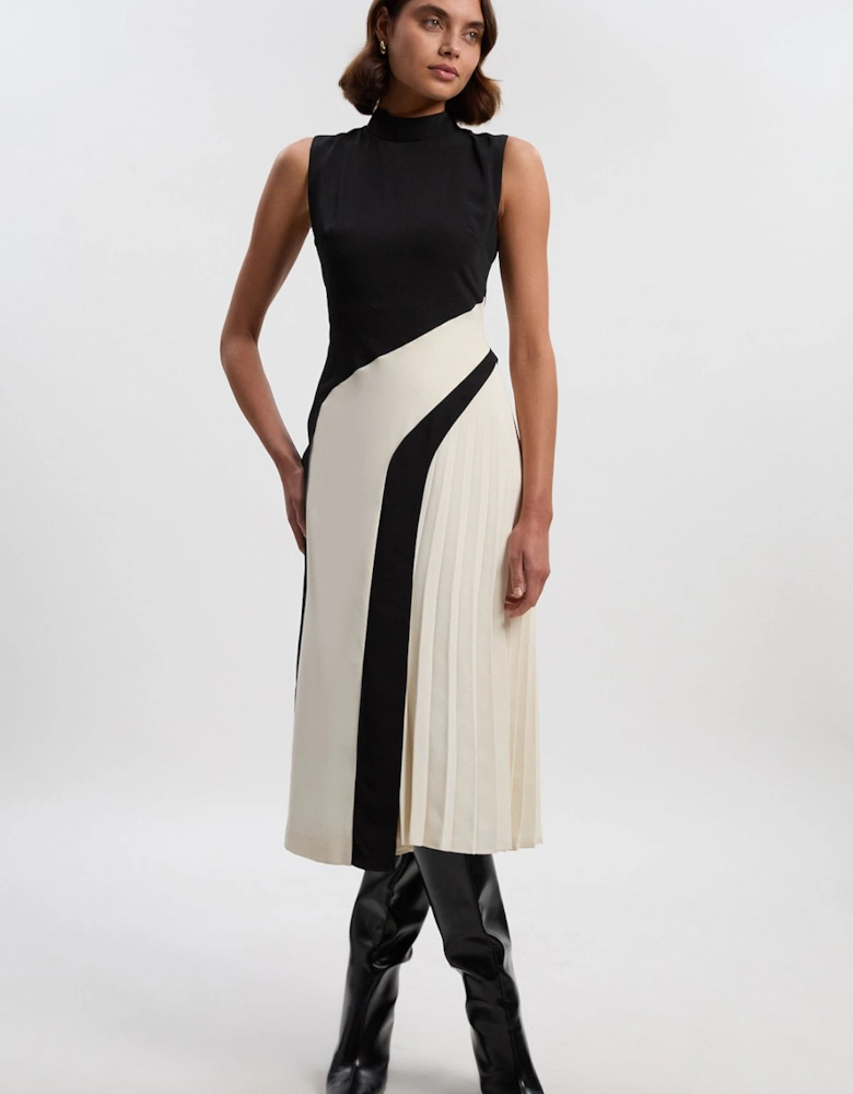 Petite Soft Tailored Colour Block High Neck Pleated Midi Dress