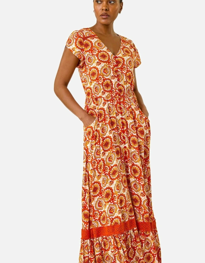 Abstract Lace Trim Maxi Dress