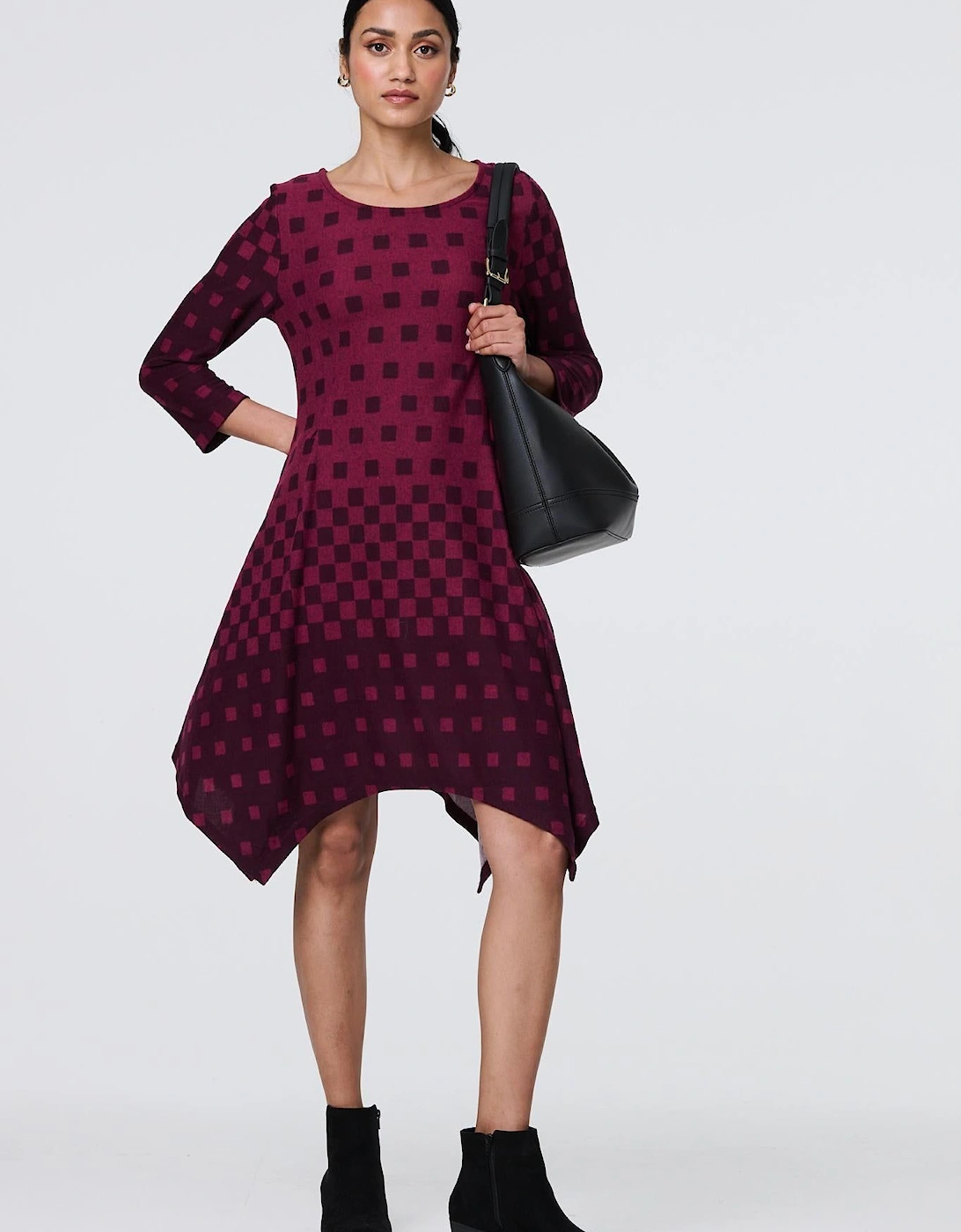 Geo Print Hanky Hem Long Sleeve Midi Dress, 2 of 1