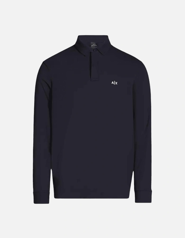 Embroidered Logo Pique Long Sleeve Navy Polo-Shirt