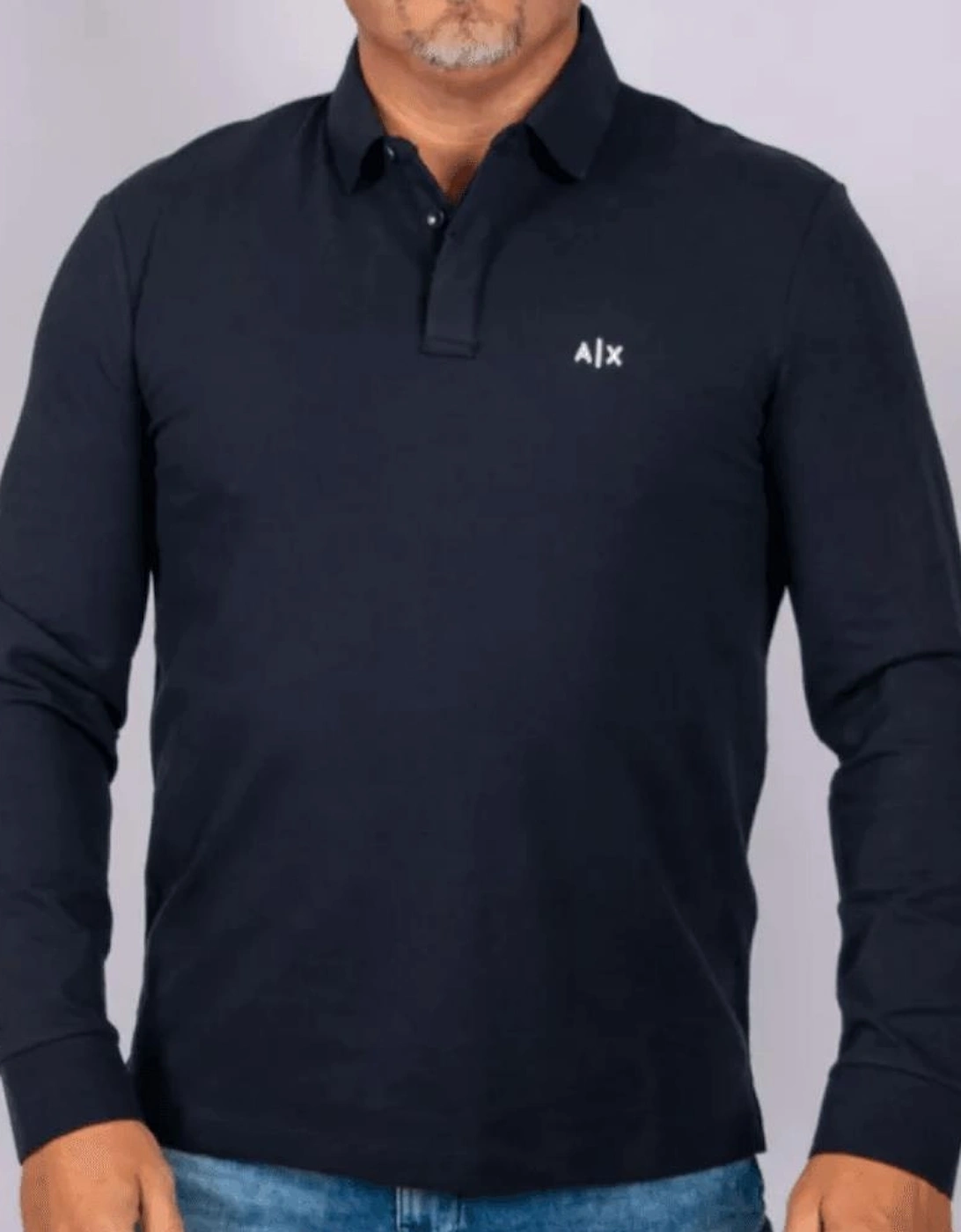 Embroidered Logo Pique Long Sleeve Navy Polo-Shirt