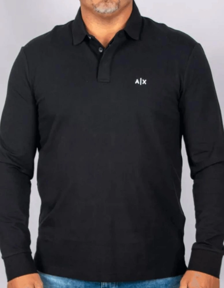 Embroidered Logo Pique Long Sleeve Black Polo-Shirt