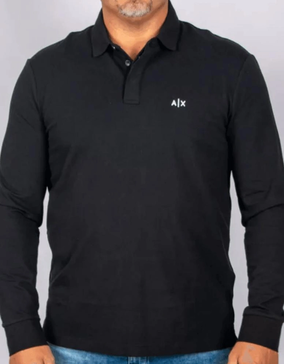 Embroidered Logo Pique Long Sleeve Black Polo-Shirt
