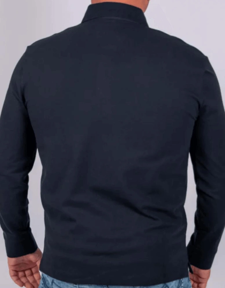 Embroidered Logo Pique Long Sleeve Navy Polo-Shirt