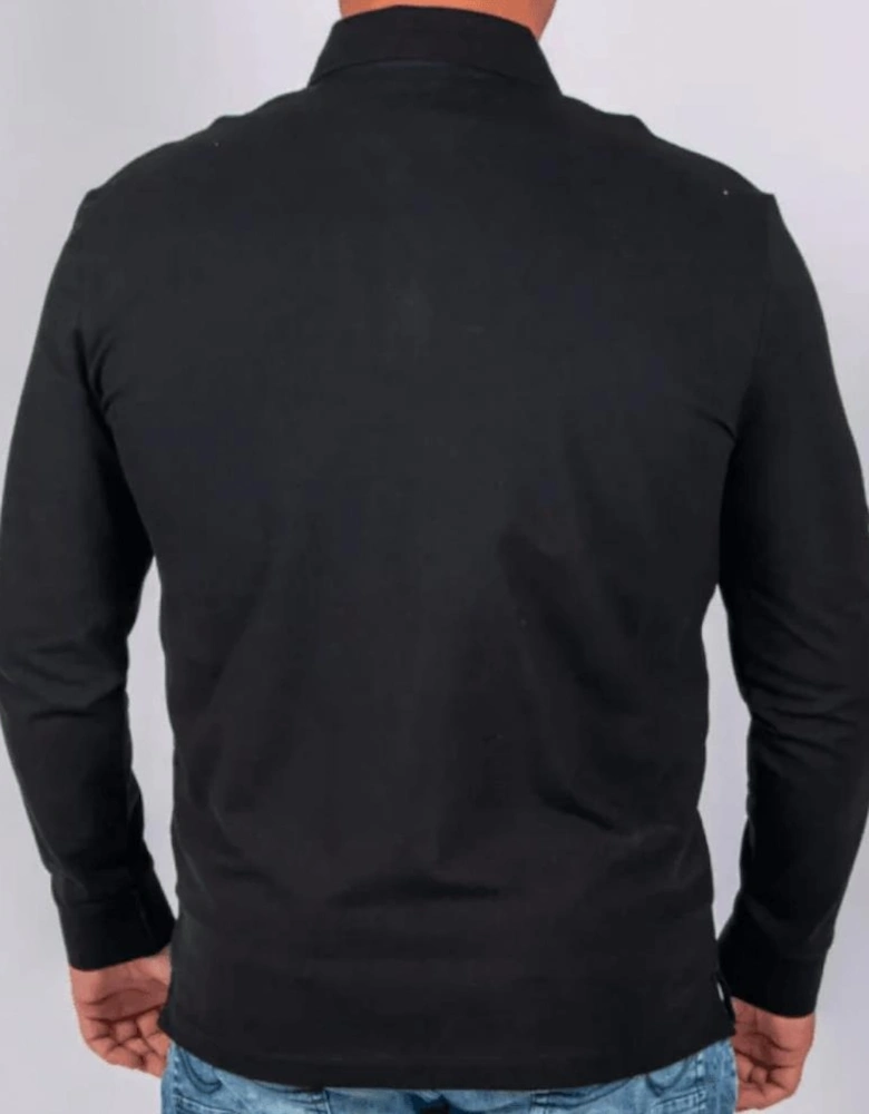 Embroidered Logo Pique Long Sleeve Black Polo-Shirt