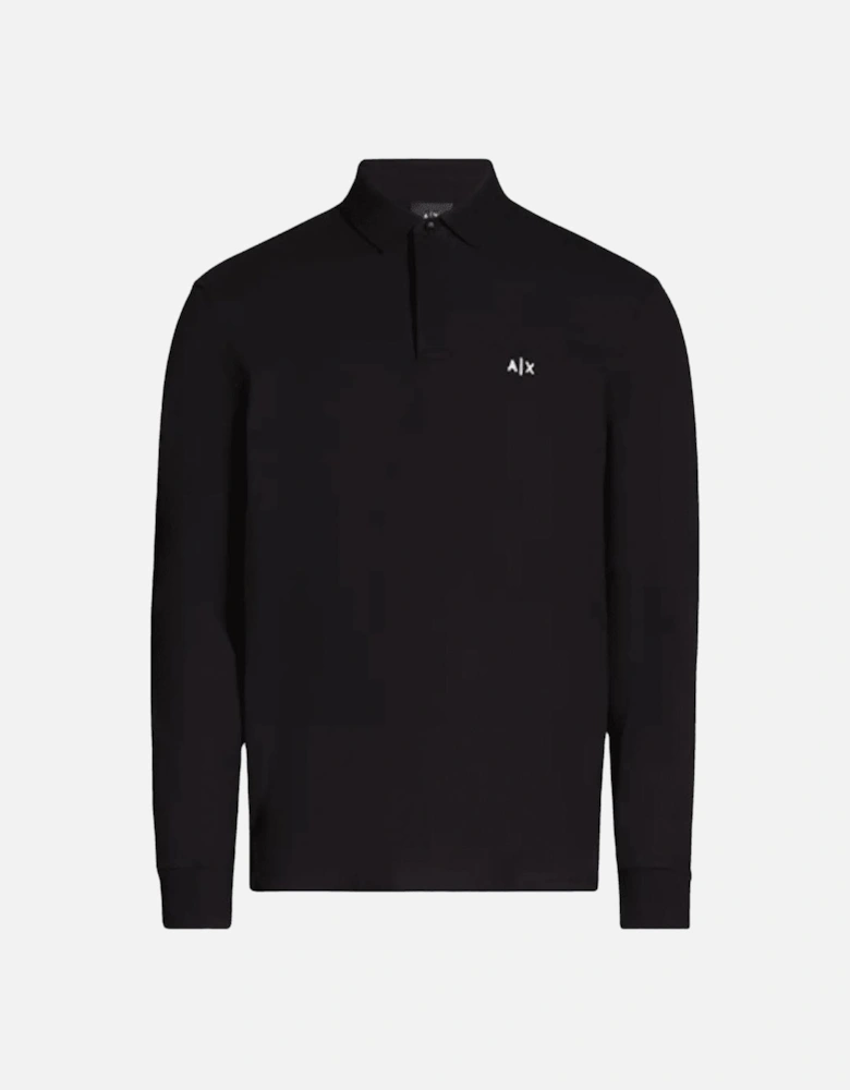 Embroidered Logo Pique Long Sleeve Black Polo-Shirt