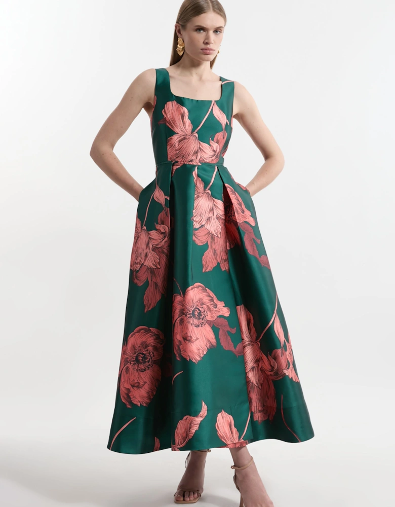 Floral Jacquard Twill Corseted Woven Maxi Dress