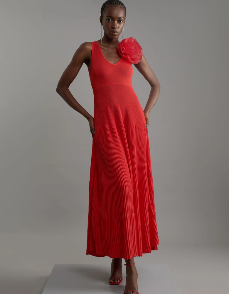 Viscose Blend Knit Corsage Detail Maxi Dress