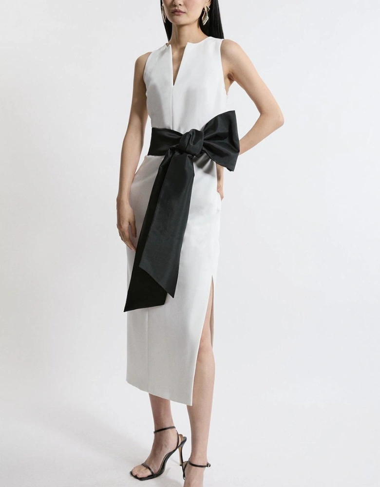 Clean Tailored Taffeta Contrast Bow Tie Waist Midi Dress