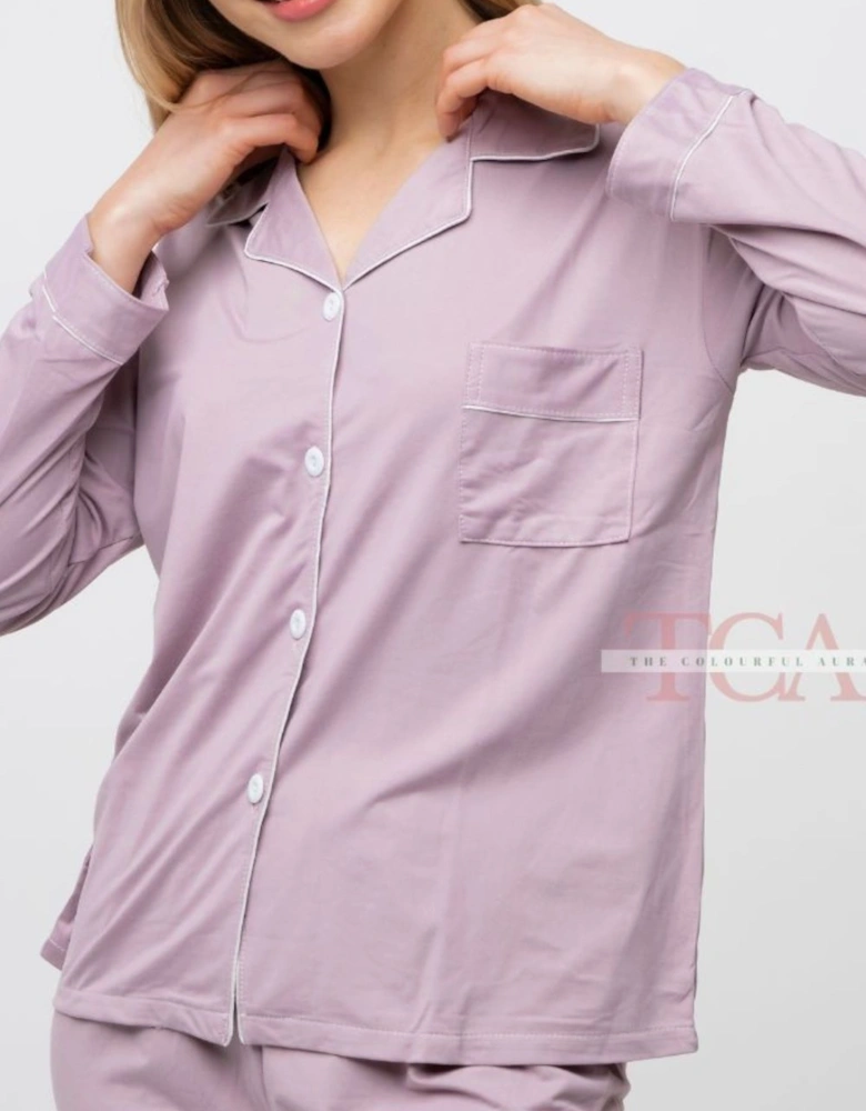 Mauve Plain Soft Cotton Long Sleeve Night Suit Women's Silk Sleepwear Pyjama Set