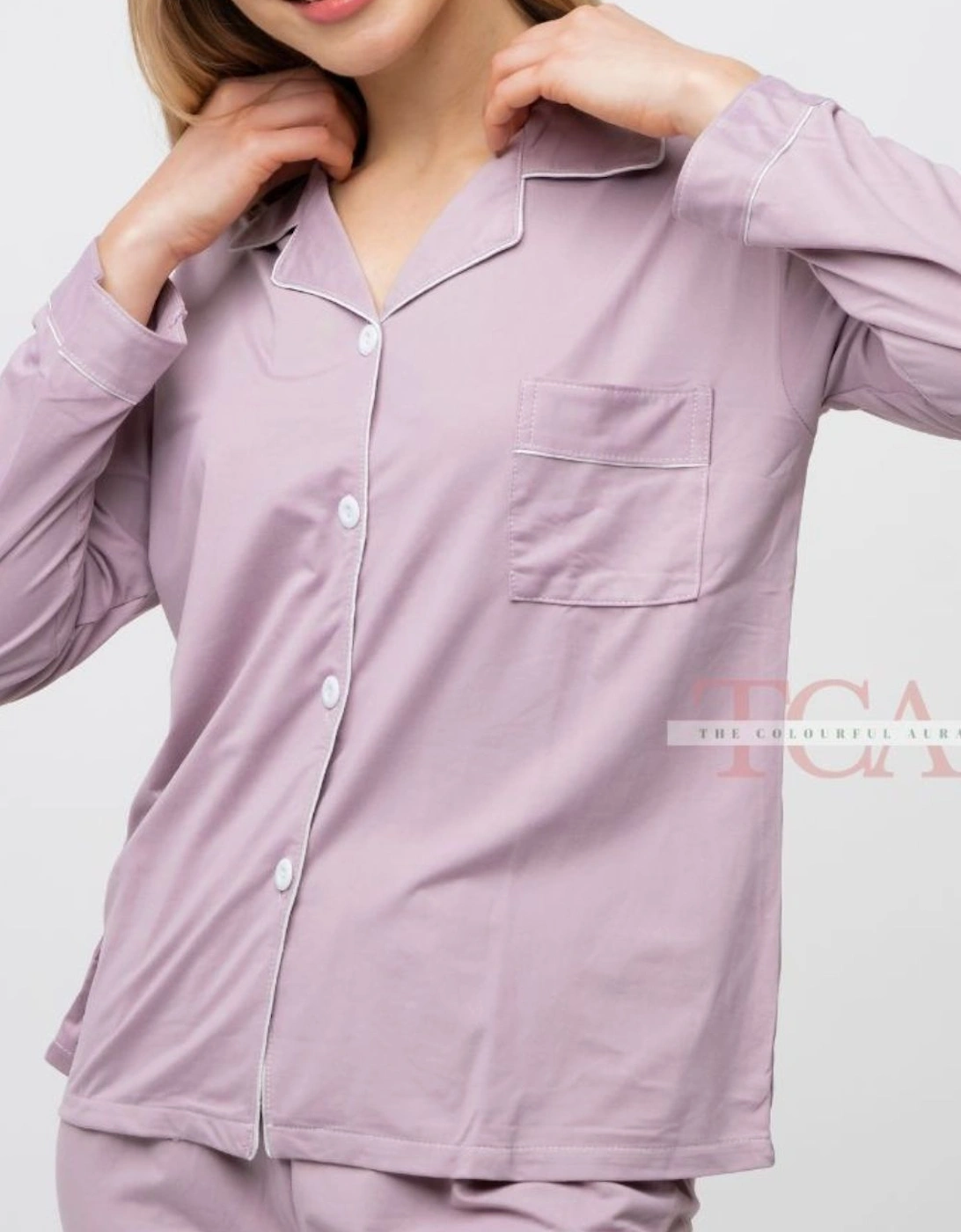 Mauve Plain Soft Cotton Long Sleeve Night Suit Women's Silk Sleepwear Pyjama Set, 2 of 1