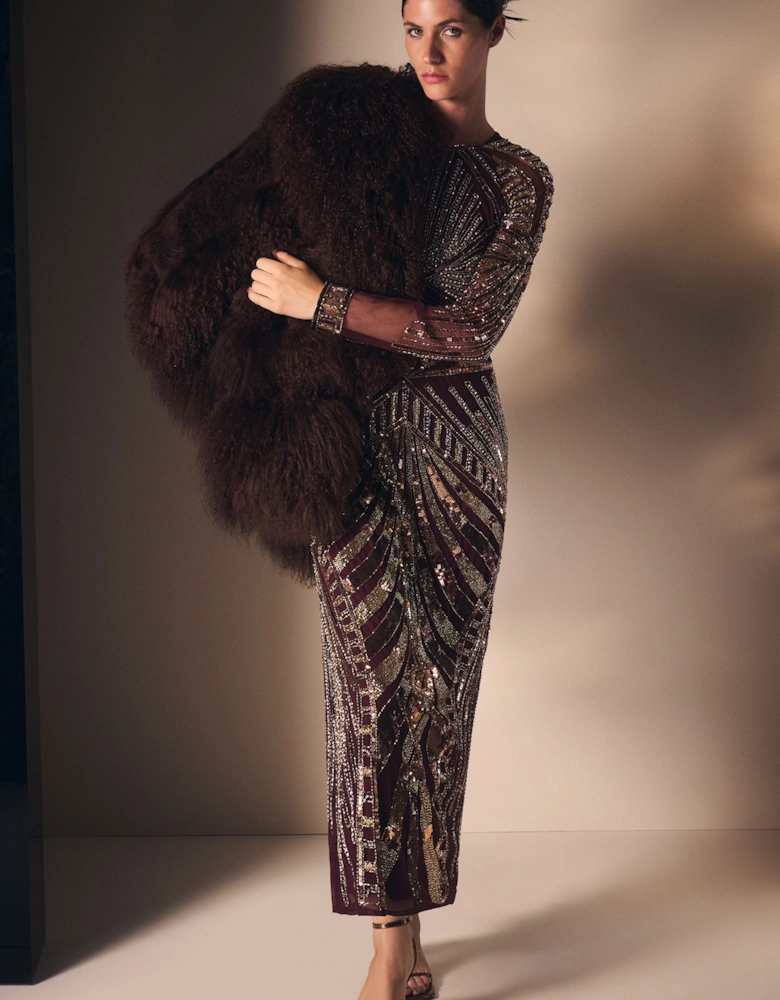 Premium Mirrored Crystal Embellished Woven Long Sleeve Column Dress