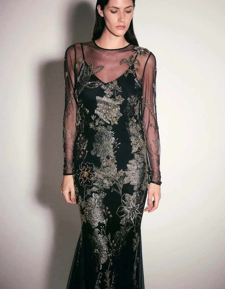Floral Applique Embellished Metallic Georgette Woven Maxi Dress