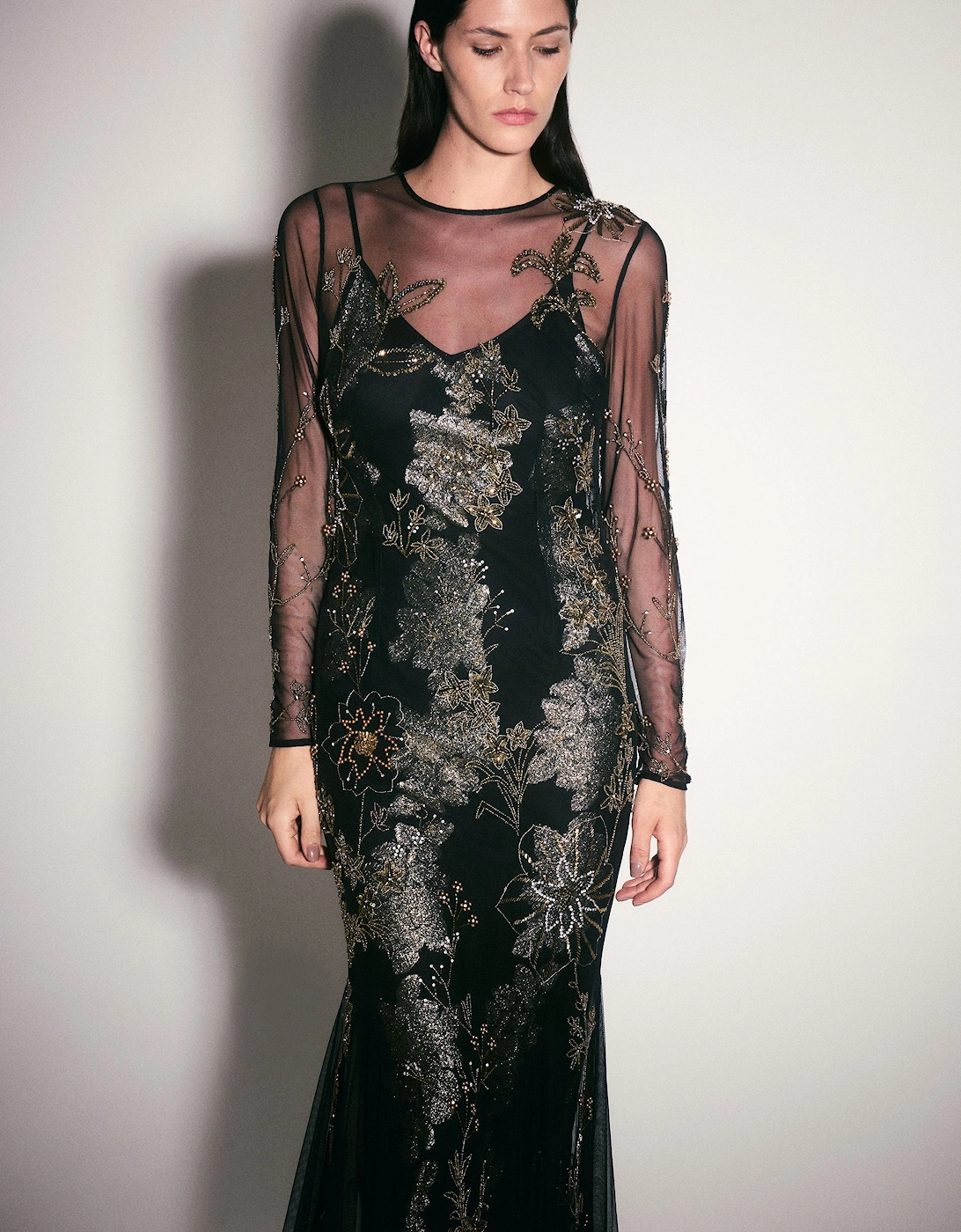 Floral Applique Embellished Metallic Georgette Woven Maxi Dress, 2 of 1