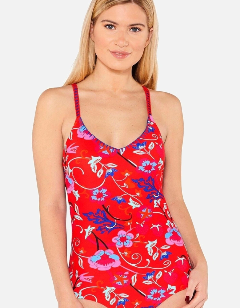 Blanket Stitch Floral Cross Back Swimsuit