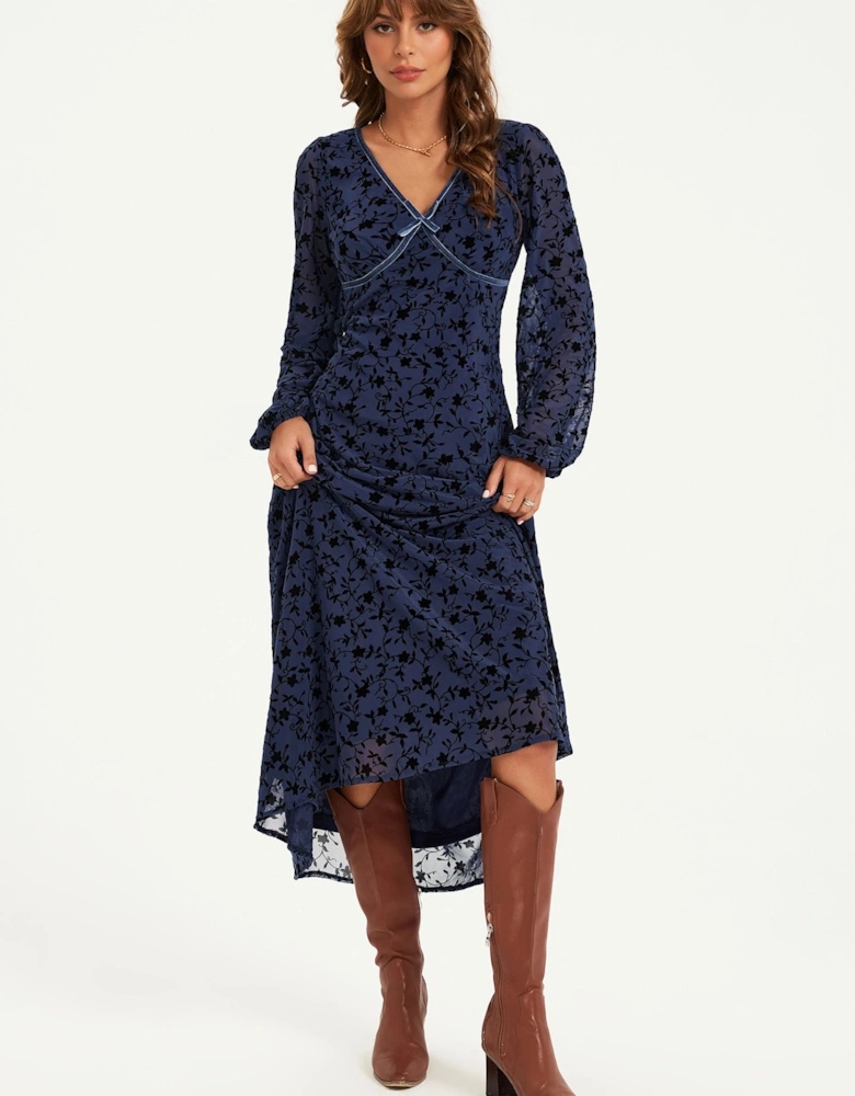Floral Velvet Devore V Neckline Midi Dress In Navy