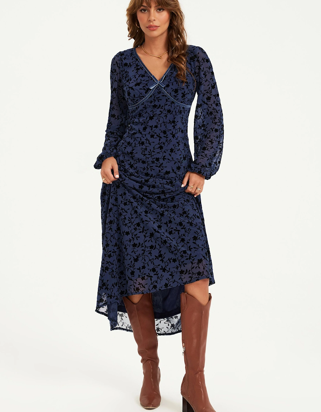 Floral Velvet Devore V Neckline Midi Dress In Navy, 2 of 1