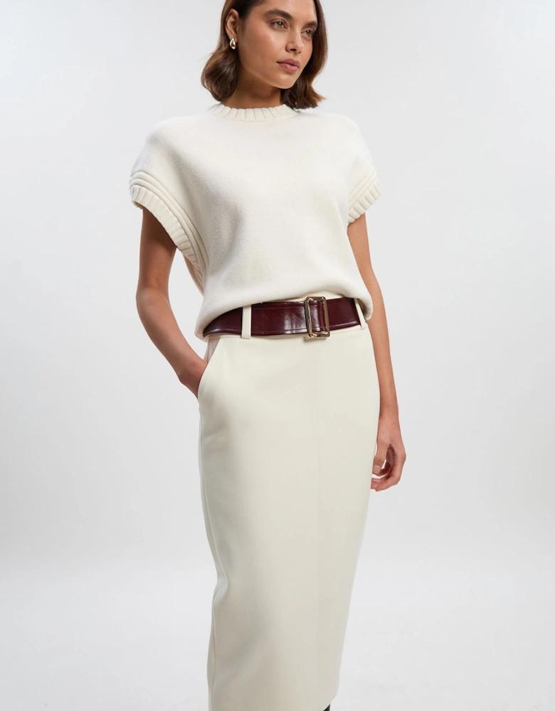 Compact Stretch Pu Mix Belted Tailored Pencil Skirt