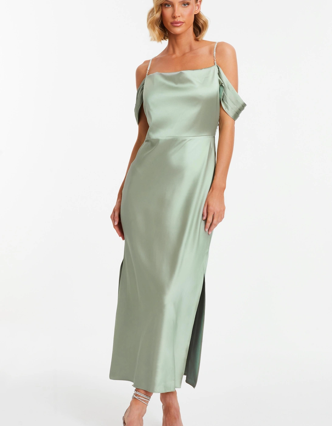 Green Satin Drop Shoulder Midaxi Dress, 2 of 1