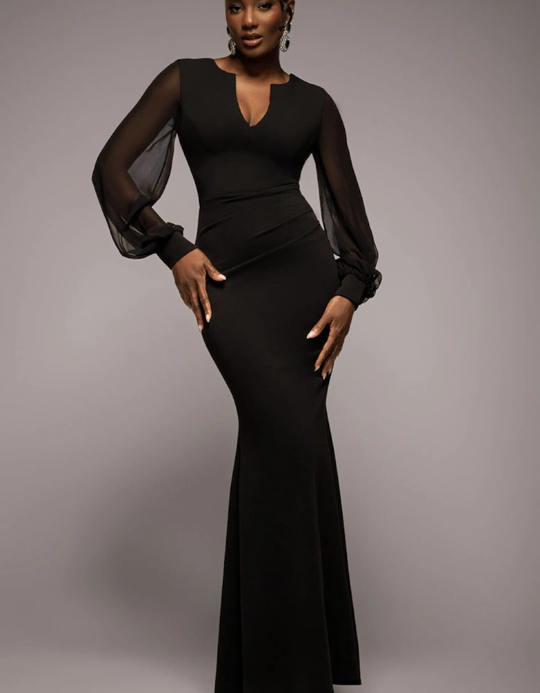 Chiffon Cuffed Balloon Sleeve Scuba Maxi Dress