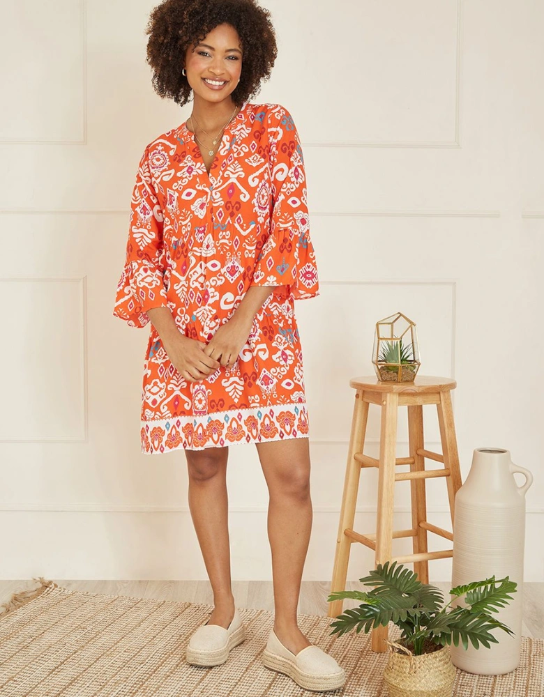 Orange Ikat Print 3/4 Sleeve Tunic Dress