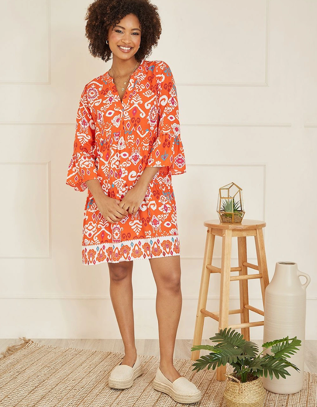Orange Ikat Print 3/4 Sleeve Tunic Dress, 2 of 1