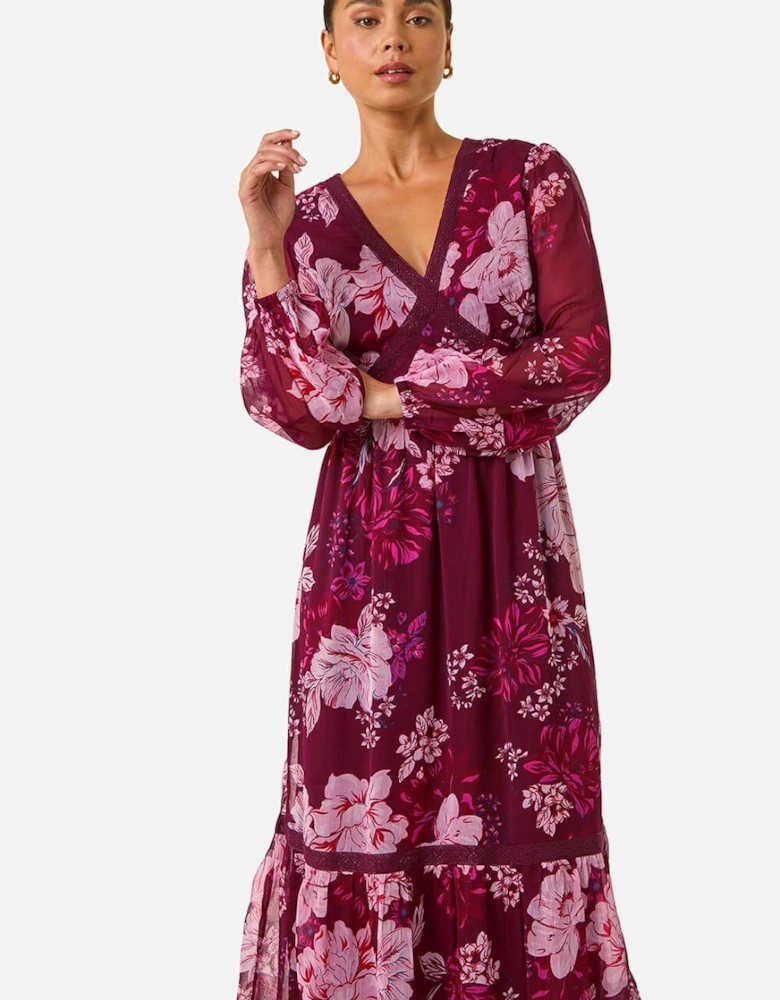Petite Floral Print Trim Midi Dress