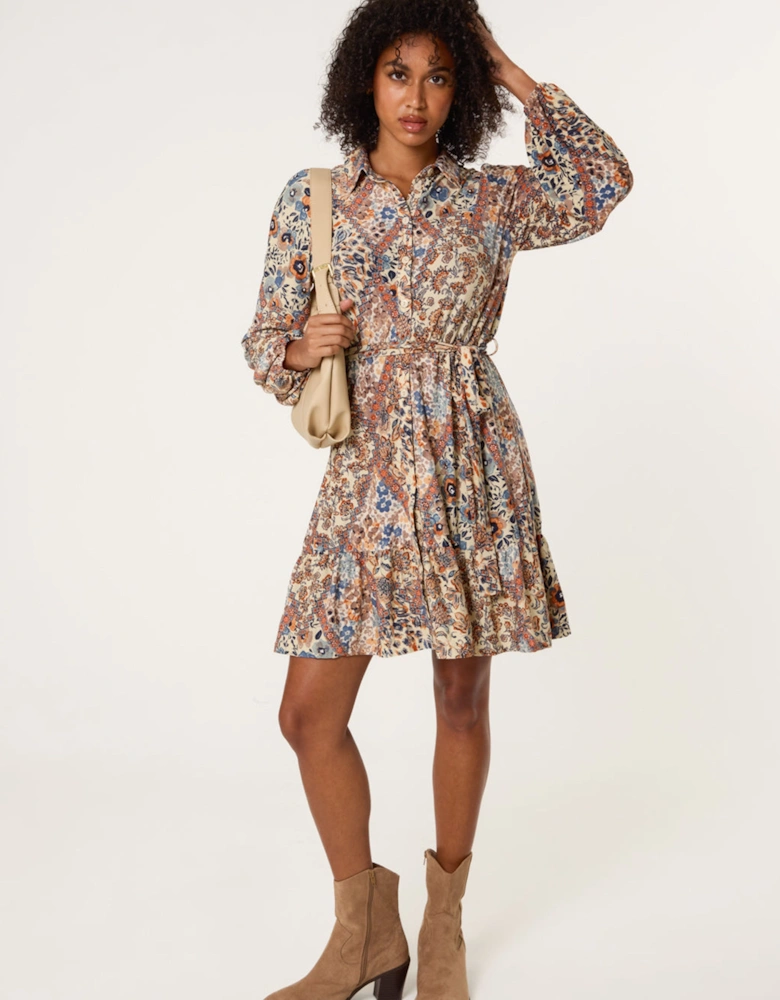 Light Brown Belted Mini Shirt Dress