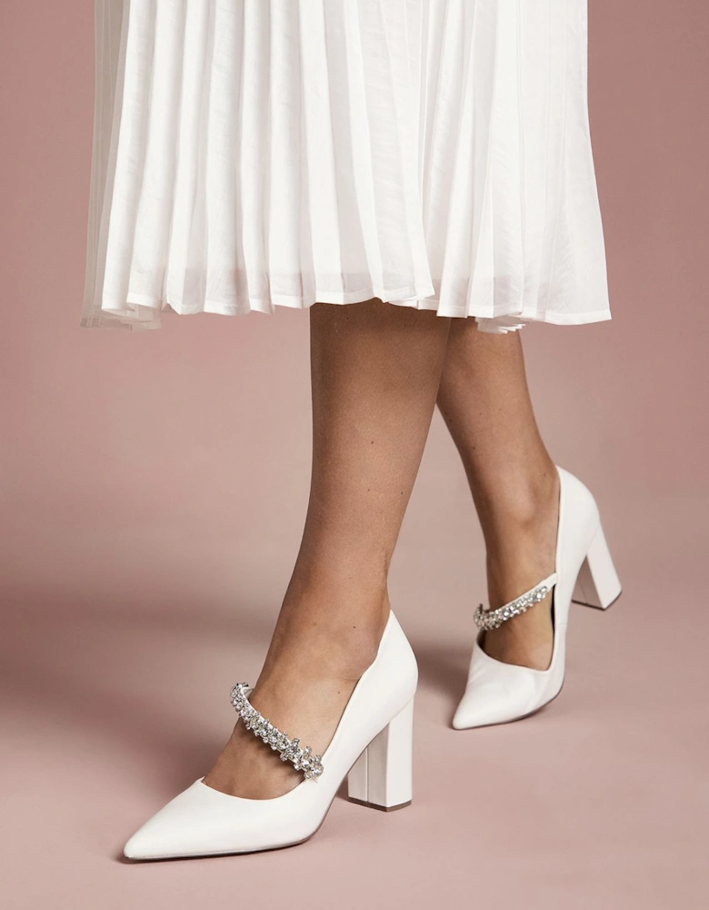 Bridal Kandy Faux Leather Embellished Mary Jane High Block Heel Court Shoes