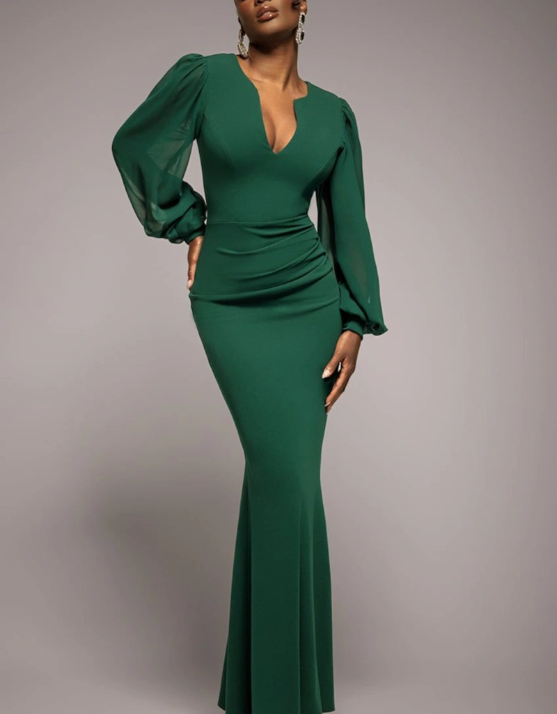 Chiffon Cuffed Balloon Sleeve Scuba Maxi Dress