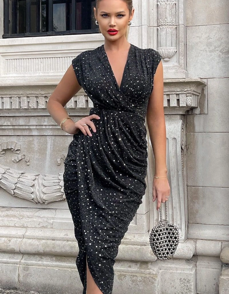 Black Glitter Wrap Draped Midi Dress