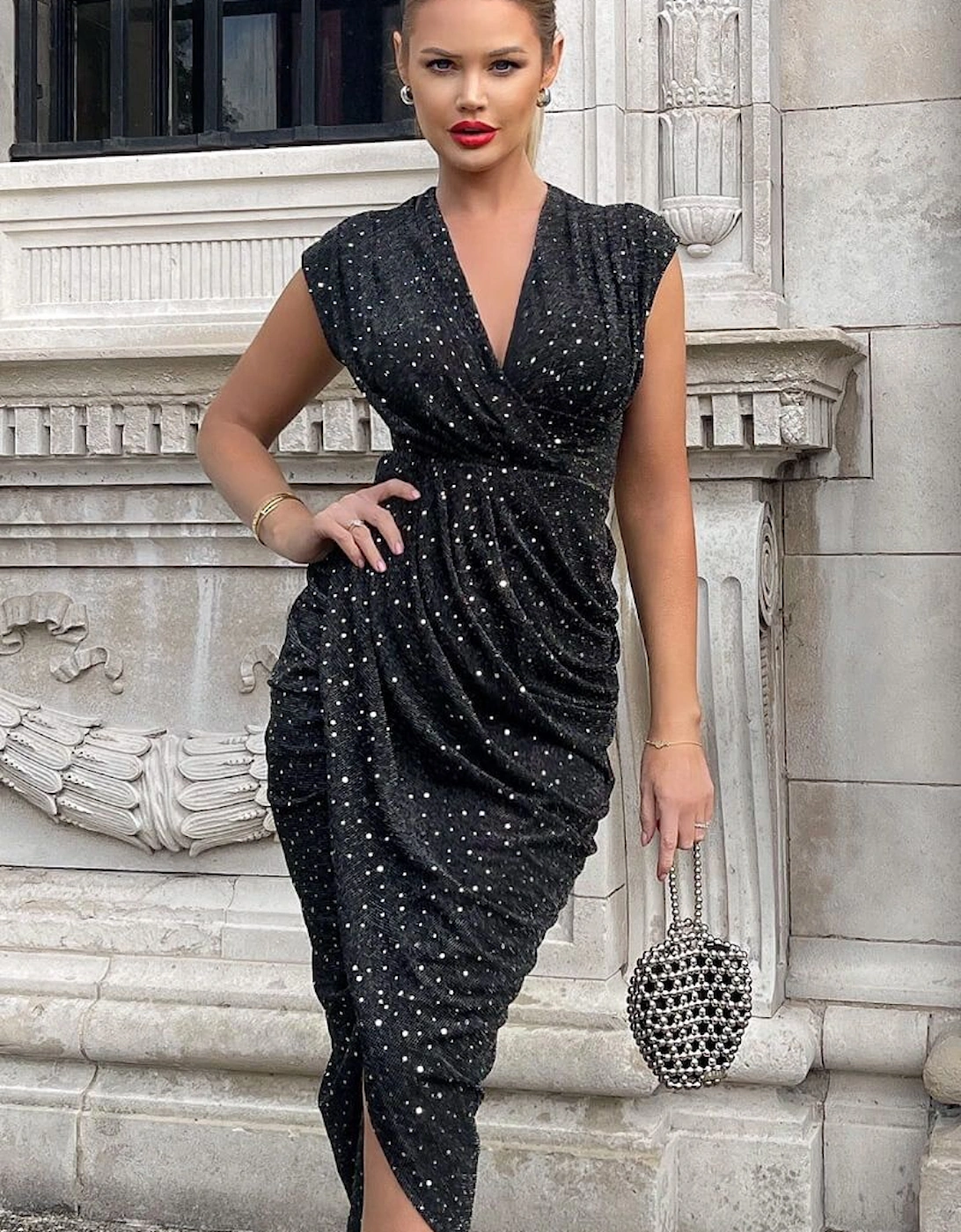 Black Glitter Wrap Draped Midi Dress, 2 of 1